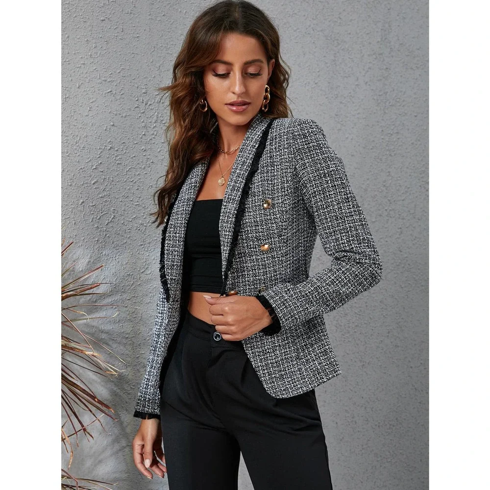 Raw Trim Double Breasted Blazer plaid tweed gray black - Picture 6 of 6